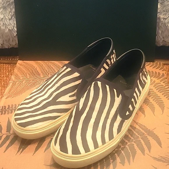 SAINT LAURENT mens pony hair slip on shoes Saint Laurent Mens Black/White Pony Hair Zebra Print Slip On  main image 2